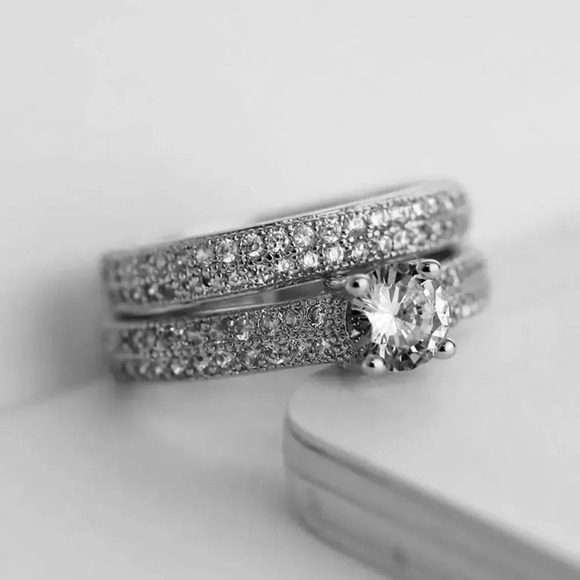 Host Pick! NEW! Dainty 18K White Gold Halo Diamond Engagement Ring Set - Picture 4 of 6